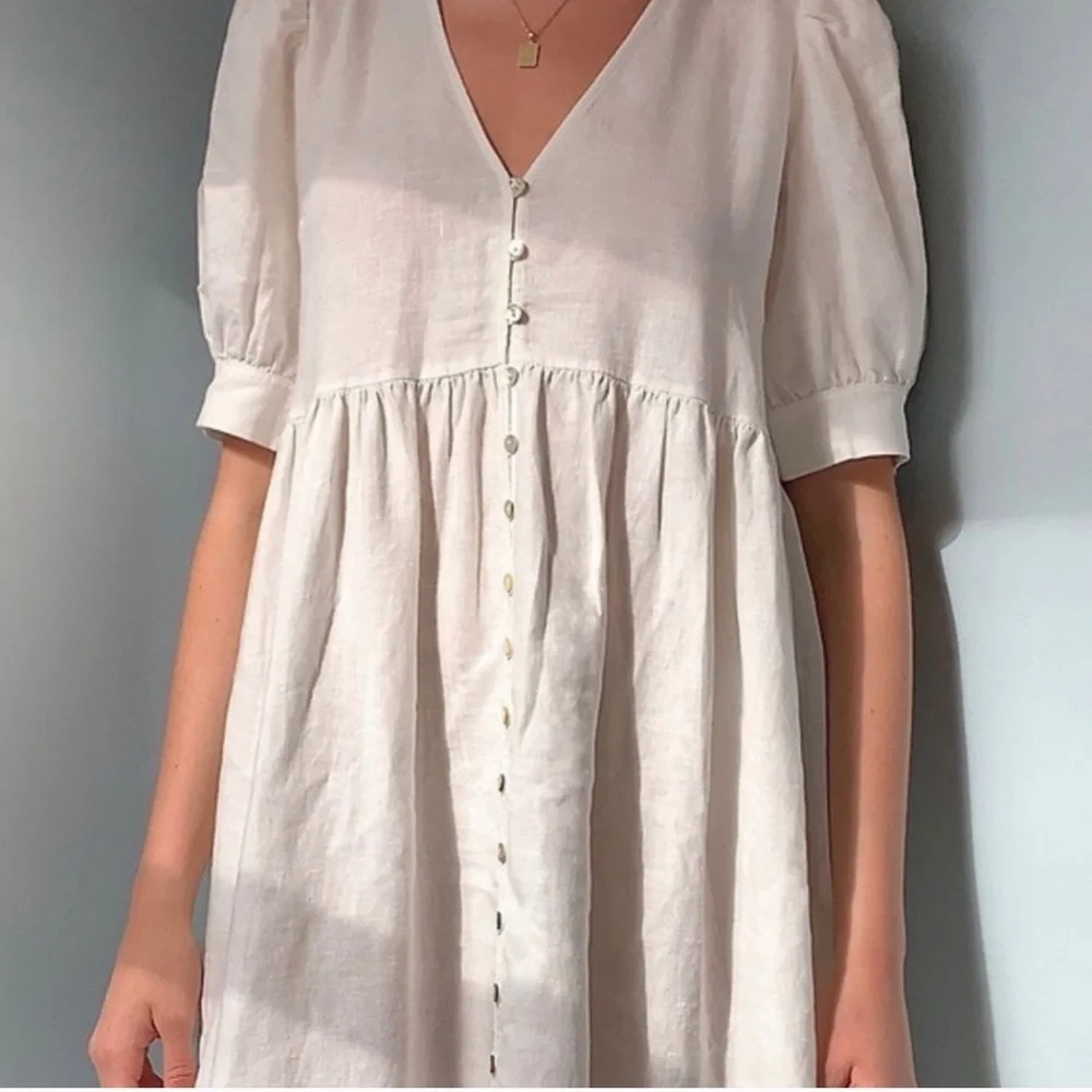 WILFRED Ohara Tiered Linen Maxi Dress White Puff Sleeve - Picture 3 of 14